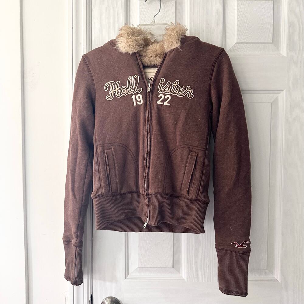 Hollister 1922 True Vintage Y2K Brown Fur Lined Zipper Hoodie Thick Warm Large